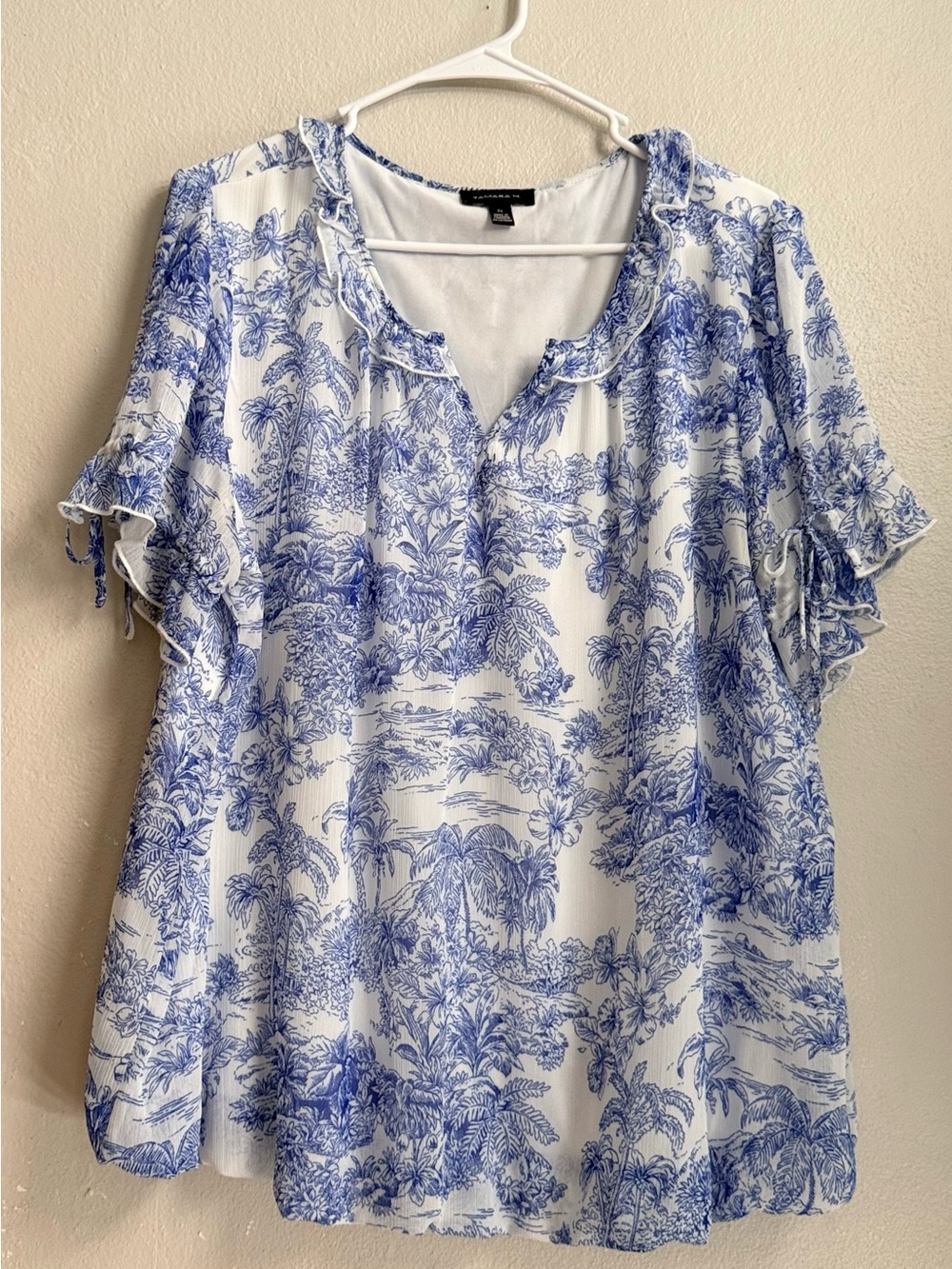 Tamara H. 2X Blue White Toile Tropical Ruffle Sleeve Lined Blouse